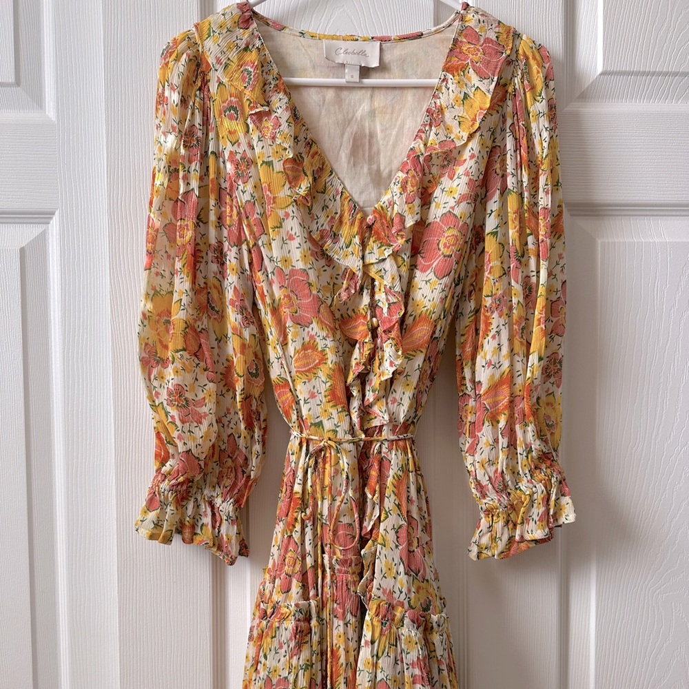 Cleobella Floral Mini Dress, Yellow, Burnt Orange and Cream Print Ruffle Dress
